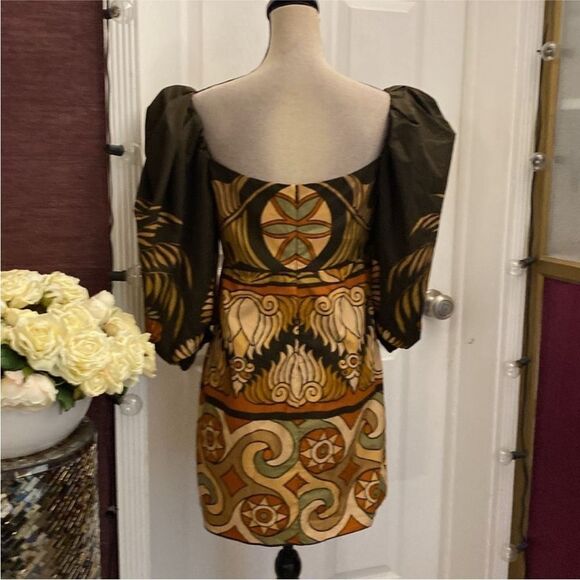 Johanna Ortiz Elegant Brown and Orange Patterned puffy sleeves mini Dress, US8 - Picture 11 of 14